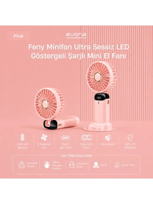 Evona Feny Taşınabilir El Fanı, 5 Kademeli Soğutma, Dijital Göstergeli Mini Fan