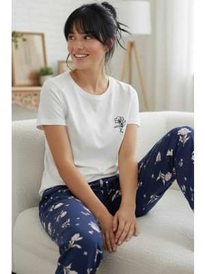 Siyah İnci Ekru Desenli Pamuklu Bisiklet Yaka Örme Pijama Takım