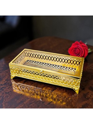 Dülger Avm Cam Kapaklı Aynalı Takı Kutusu, Altın Cam Kapaklı Sandık, Çikolata Şeker ve Takı Kutusu 23X12CM Altın