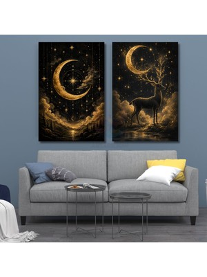 Artarilion Dikey 2'li Kanvas Tablo Seti Mistik Gece Gökyüzü Geyik Ay Yıldızlar Orman Ev Ofis Dekorasyonu Yeni Ev Hediyesi
