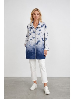 Bihan Store Kadın Batik Desenli Fermuarlı Uzun Ceket -1137 - Gri