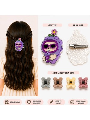Mdm Style Sevimli Figürlü Büyük Saç Tokası + 4’lü Mini Mandal Seti