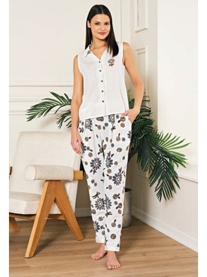 Feyza Kadın Keten Kolsuz Boydan Düğmeli Dokuma Pijama Takımı
