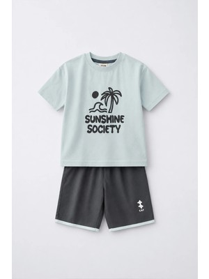 Cigit Mint Yeşili Dokuma Kaprili T-Shirt Takım Erkek Çocuk 2-10 Yaş Yaz Temalı