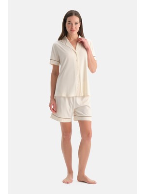 Dagi Ekru Biyeli Pamuk Modal Gömlek Şort Pijama Takımı