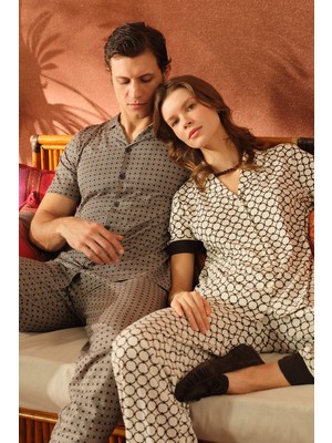 Dagi Ekru Geometrik Desenli Pamuk Modal Pijama Takımı