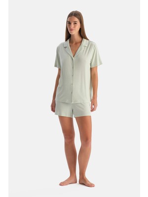 Dagi Su Yeşili Modal Ribana Gömlek Şort Pijama Takımı