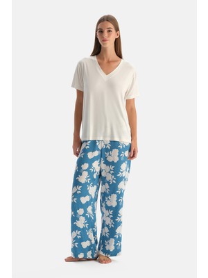 Dagi Beyaz V Yaka Kısa Kollu Dokuma Pijama Takımı