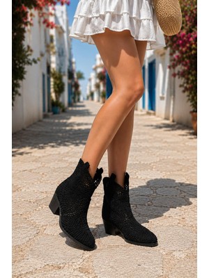 ModaOnn Kadın Hasır Örgü Kovboy Bot – Yazlık Western Stil Kısa Topuklu Bot
