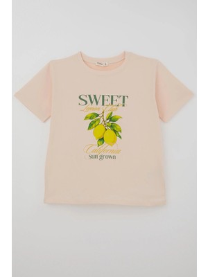 Breeze Kız Çocuk Kısa Kollu Tişört Limon Baskılı 9-14 Yaş , Pudra