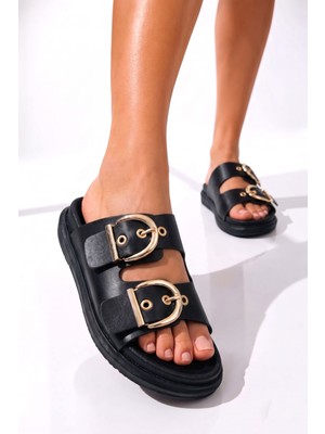 Albishoes Geniş Çift Gold Tokalı Şık Rahat Kalıp Kadın Terlik Anatomik Rahat Taban Yeni Sezon