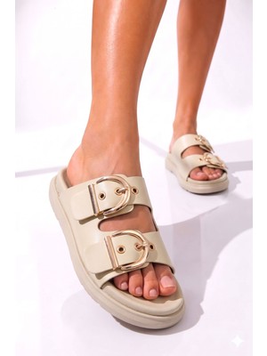 Albishoes Geniş Çift Gold Tokalı Şık Rahat Kalıp Kadın Terlik Anatomik Rahat Taban Yeni Sezon