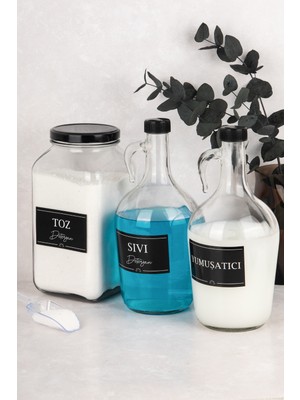 Dolkin Home 3'lü Deterjanlık Seti Ölçekli Toz Deterjan Sıvı Deterjan Yumuşatıcı 3000ML Cam Kavanoz 1500ML Şişe