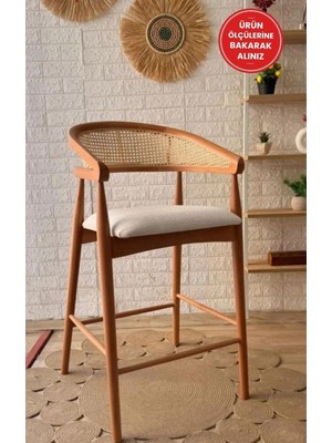 Silla Gazel Bar Sandalyesi Teddy Krem Kumaş Hasırlı Naturel Ahşap Ada Sandalye