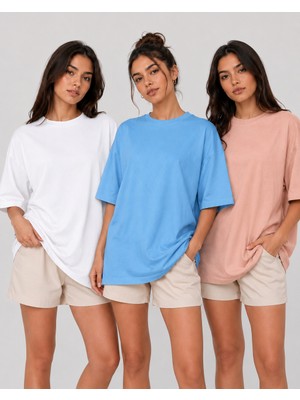 POLYMOOD 3'Lü Set Oversize %100 Organik Pamuk Yuvarlak Yakalı Bol Kesim T-Shirt