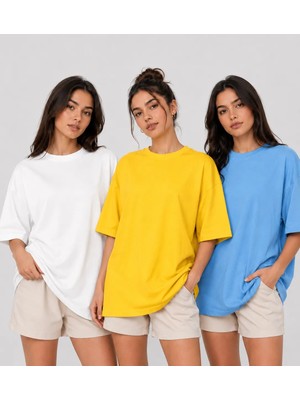 POLYMOOD 3'Lü Set Oversize %100 Organik Pamuk Yuvarlak Yakalı Bol Kesim T-Shirt