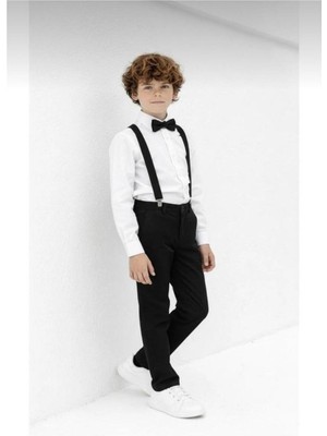 Nacar Store Erkek Çocuk 23 Nisan 29 Ekim Beyaz Uzun Kollu Gömlek Siyah Pantolon Siyah Askı Papyon Takım