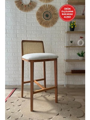 Silla Ross Bar Sandalyesi Teddy Krem Kumaş Hasırlı Bar Sandalyesi Naturel Ahşap Ada Sandalye