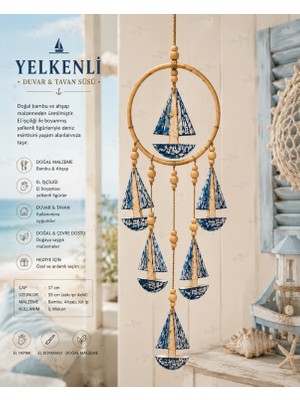 WoodBay Yelkenli Duvar ve Tavan Süsü Ahşap Bambu El Yapımı Dekoratif Askılı Süs 55 cm Marin Dekor
