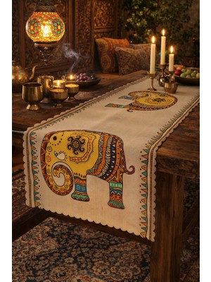 Empressco Etnik Işlemeli Fil Desenli Kadife Dekoratif Runner 45X140 cm