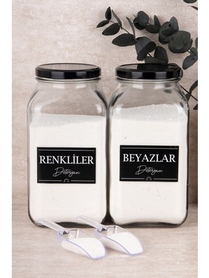 Dolkin Home 2'li Deterjanlık Seti Ölçekli Renkliler Beyazlar Deterjan 3000 ml Cam Kavanoz Deterjan Kutusu Seti