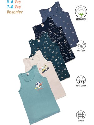 Özkan Underwear 31800 5'li Paket Erkek Çocuk Karışık Renkli Desenli Pamuklu Yumuşak Rahat Kalın Askılı Atlet