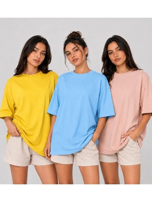 POLYMOOD 3'Lü Set Oversize %100 Organik Pamuk Yuvarlak Yakalı Bol Kesim T-Shirt
