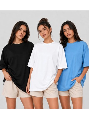 POLYMOOD 3'Lü Set Oversize %100 Organik Pamuk Yuvarlak Yakalı Bol Kesim T-Shirt