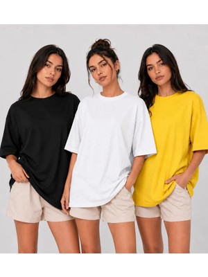 POLYMOOD 3'Lü Set Oversize %100 Organik Pamuk Yuvarlak Yakalı Bol Kesim T-Shirt