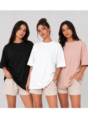 POLYMOOD 3'Lü Set Oversize %100 Organik Pamuk Yuvarlak Yakalı Bol Kesim T-Shirt