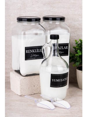Dolkin Home 3lü Deterjanlık Set Ölçekli Renkliler Beyazlar Deterjan Yumuşatıcı Etiket 3000ML Kavanoz 1500ML Şişe