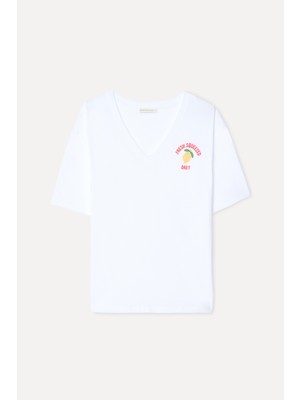 Mudo Kadın Beyaz Nakışlı Loose Fit V Yaka T-Shirt