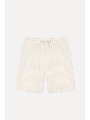 Mudo Erkek Bej Rengi Çizgili Straight Fit Şort
