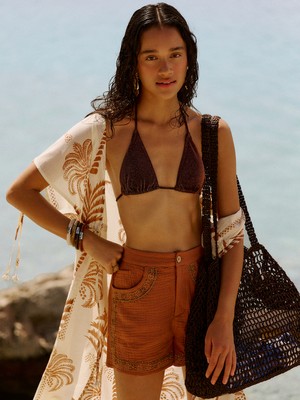 Mudo Kadın Ekru Desenli Oversize Midi Kimono