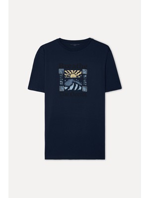Mudo Erkek Lacivert Baskılı Bisiklet Yaka T-Shirt