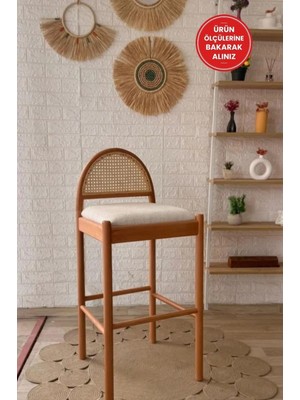 Silla Nova Bar Sandalyesi Teddy Krem Kumaş Hasırlı Naturel Ahşap Ada Sandalye