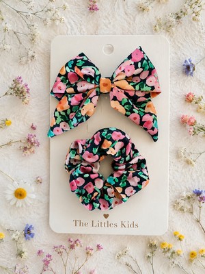 The Littles Kids Renkli Çiçek Desenli Çocuk ve Yetişkinler Için Simit Toka ve Kurdeleli Timsah Pensli Toka Seti