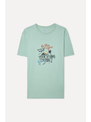 Mudo Erkek Yeşil Comfort Fit Baskılı Bisiklet Yaka T-Shirt