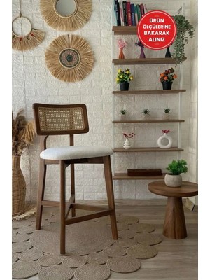 Silla Zion Bar Sandalyesi Teddy Krem Kumaş Hasırlı Ceviz Ahşap Ada Sandalye