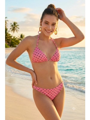 Kom Toyka Puan Desenli Üçgen Bikini Takımı Pembe