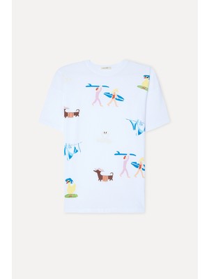 Mudo Kadın Beyaz Baskılı Bisiklet Yaka T-Shirt