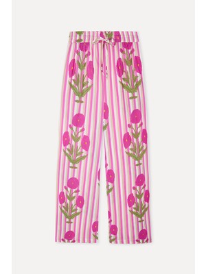 Mudo Kadın Pembe Çizgili Floral Nakışlı Wide Leg Pantolon
