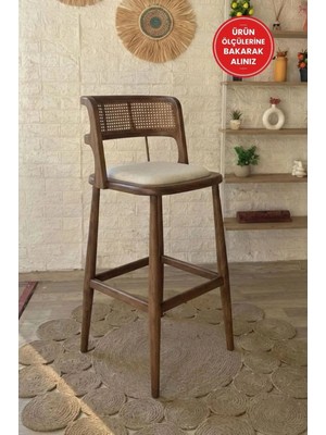 Silla Odin Bar Sandalyesi Teddy Krem Kumaş Hasırlı Ceviz Ahşap Ada Sandalye