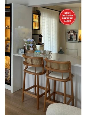 Silla 2'li Odin Bar Sandalyesi Teddy Krem Kumaş Hasırlı Naturel Ahşap Ada Sandalye (2 Adet)