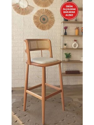 Silla Odin Bar Sandalyesi Teddy Krem Kumaş Hasırlı Naturel Ahşap Ada Sandalyesi