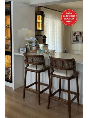Silla 2'li Odin Bar Sandalyesi Teddy Krem Kumaş Hasırlı Ceviz Ahşap Ada Sandalye (2 Adet)