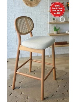 Silla Oslo Bar Sandalyesi Teddy Krem Kumaş Hasırlı Naturel Ahşap Ada Sandalye