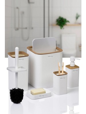 Okyanus Home 5'li Banyo Seti Beyaz Çizgili Kare Tasarım Suya Dayanıklı Malzeme