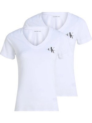 Calvin Klein Kadın / Kız Beyaz Calvin Klein 2-Pack Monologo V-Ne Beyaz Kadın Regular Fit Tişört