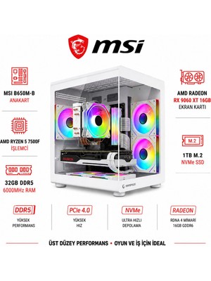 Apphirex Code X54 Ryzen 5 7500F / Msi B650M-B / Amd RX9060XT 16GB / 32GB Ddr5 6000MHZ Ram / 1tb M.2 SSD Beyaz Masaüstü Oyuncu Bilgisayarı